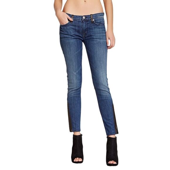 HUDSON Women’s Crop Rita Super Skinny Jeans Leather Trim 24 - Picture 2 of 11